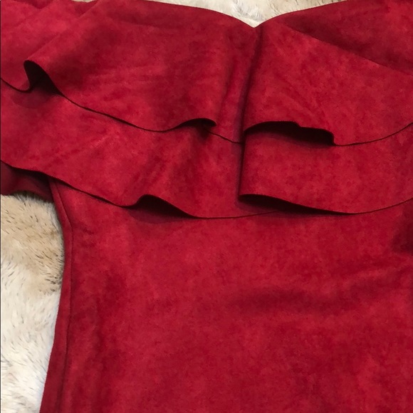 #58 RED FAUX SUEDE OFF SHOULDER DRESS - Picture 6 of 9